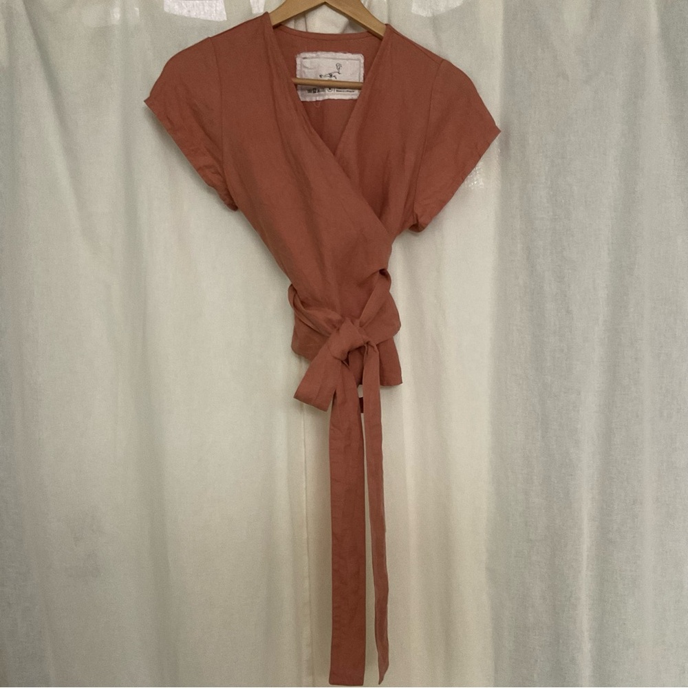 notPERFECTLINEN Linen wrap top MADRID, Canyon Clay, M, cross front, cap sleeves